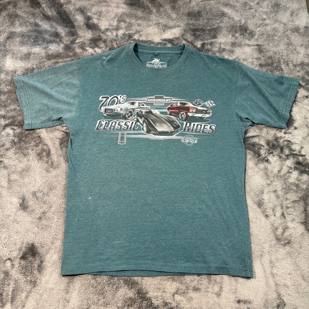 Newport Blue Chevrolet 70s Classic Rides Graphic T-Shirt Mens XL Teal Green SS